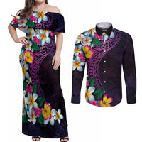 Hawaiian Plumeria-Polynesian Art Tattoo Mauve Color Couples Matching Off Shoulder Maxi Dress and Long Sleeve Button Shirt