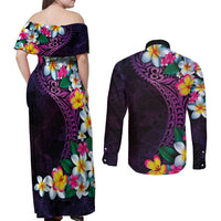 Hawaiian Plumeria-Polynesian Art Tattoo Mauve Color Couples Matching Off Shoulder Maxi Dress and Long Sleeve Button Shirt
