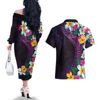 Hawaiian Plumeria-Polynesian Art Tattoo Mauve Color Couples Matching Off The Shoulder Long Sleeve Dress and Hawaiian Shirt