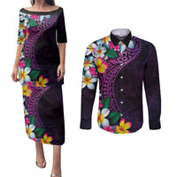 Hawaiian Plumeria-Polynesian Art Tattoo Mauve Color Couples Matching Puletasi and Long Sleeve Button Shirt LT03 Purple - Polynesian Pride