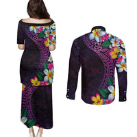 Hawaiian Plumeria-Polynesian Art Tattoo Mauve Color Couples Matching Puletasi and Long Sleeve Button Shirt LT03 - Polynesian Pride