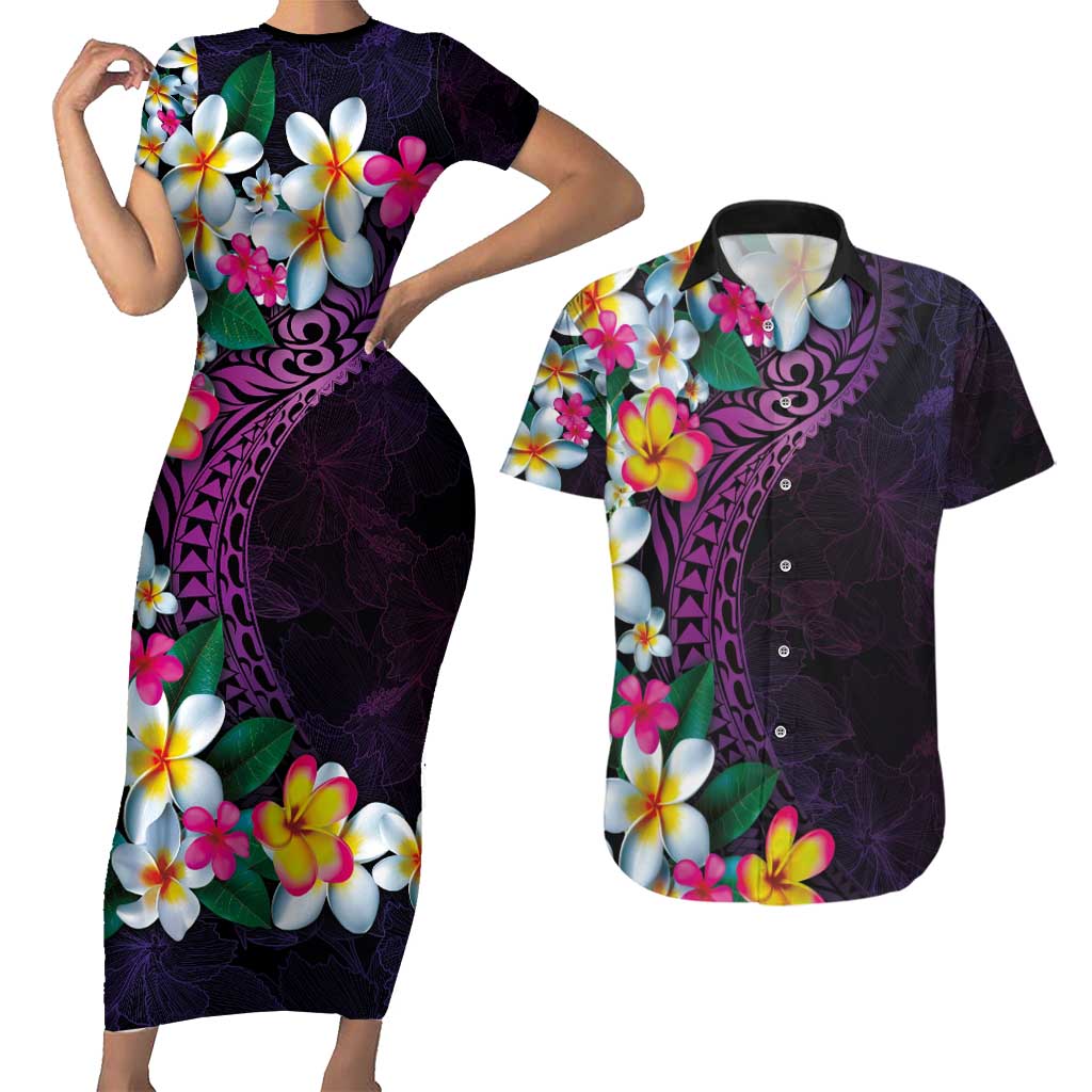Hawaiian Plumeria-Polynesian Art Tattoo Mauve Color Couples Matching Short Sleeve Bodycon Dress and Hawaiian Shirt