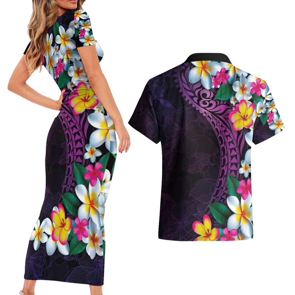 Hawaiian Plumeria-Polynesian Art Tattoo Mauve Color Couples Matching Short Sleeve Bodycon Dress and Hawaiian Shirt