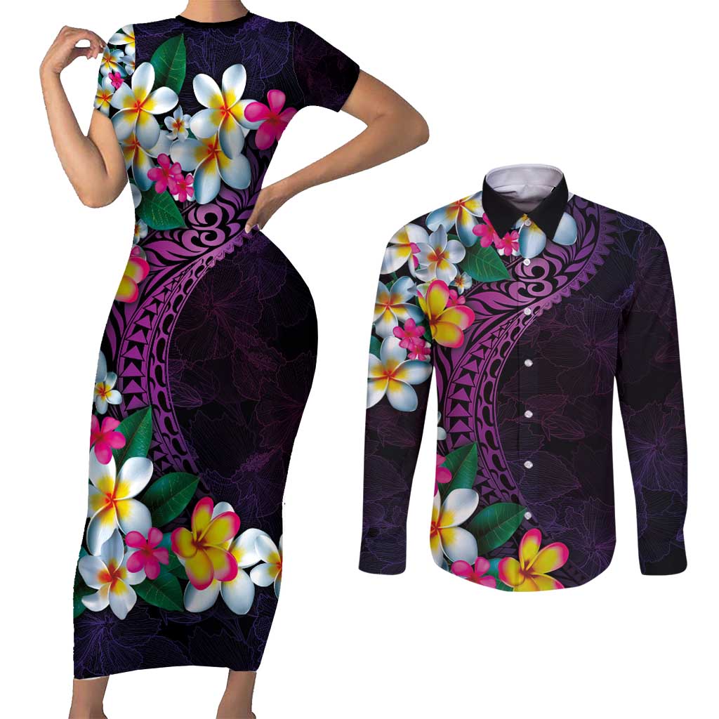 Hawaiian Plumeria-Polynesian Art Tattoo Mauve Color Couples Matching Short Sleeve Bodycon Dress and Long Sleeve Button Shirt