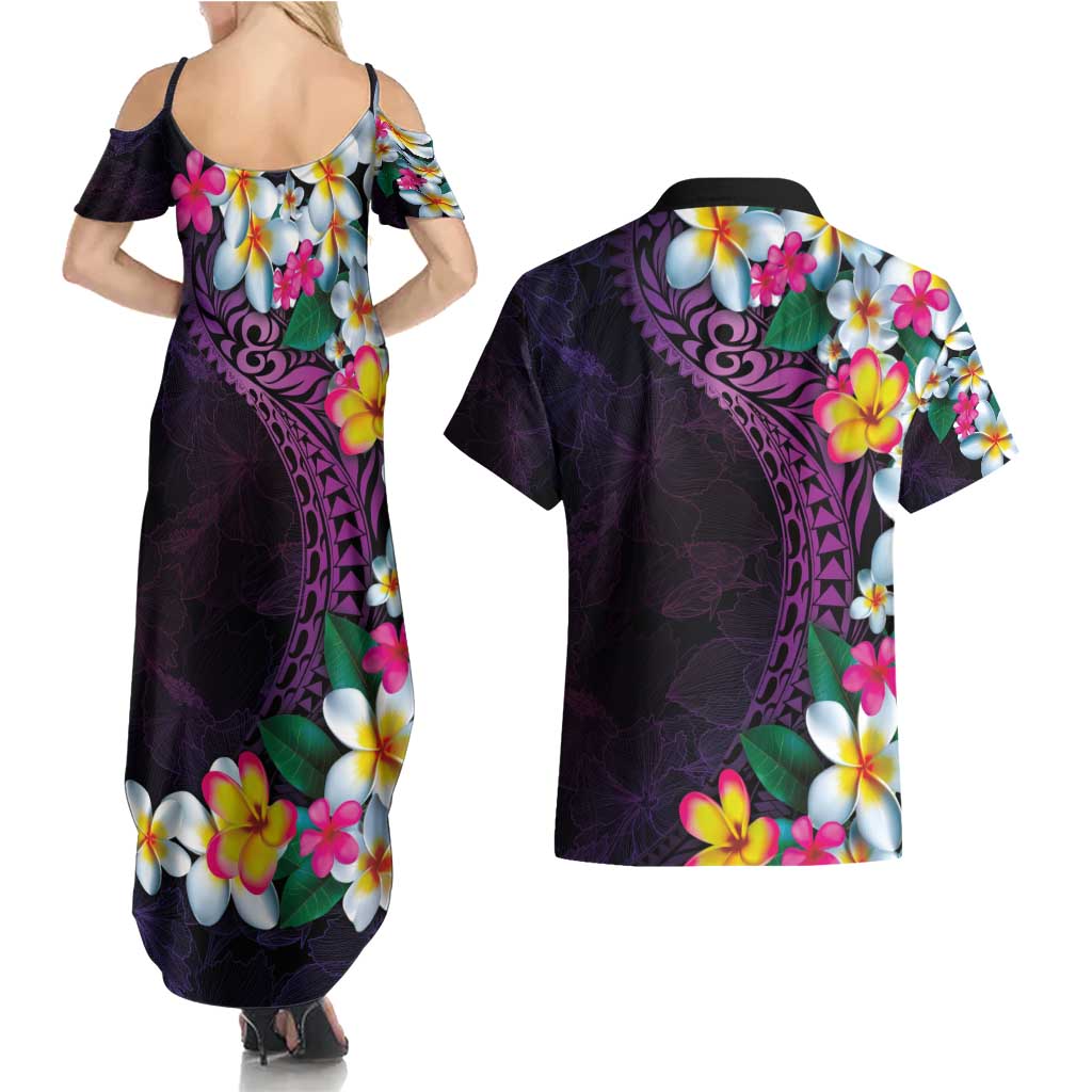 Hawaiian Plumeria-Polynesian Art Tattoo Mauve Color Couples Matching Summer Maxi Dress and Hawaiian Shirt