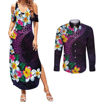 Hawaiian Plumeria-Polynesian Art Tattoo Mauve Color Couples Matching Summer Maxi Dress and Long Sleeve Button Shirt