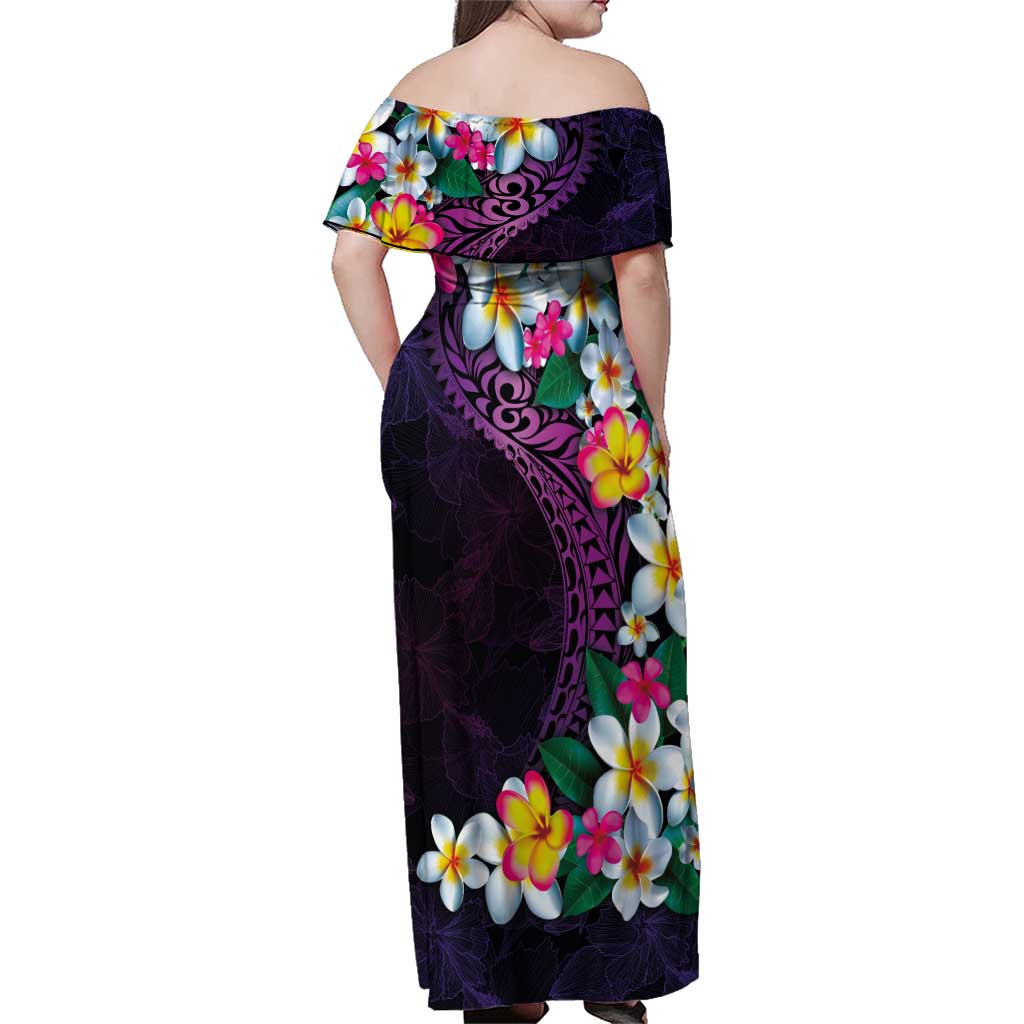 Hawaiian Plumeria-Polynesian Art Tattoo Mauve Color Family Matching Off Shoulder Maxi Dress and Hawaiian Shirt