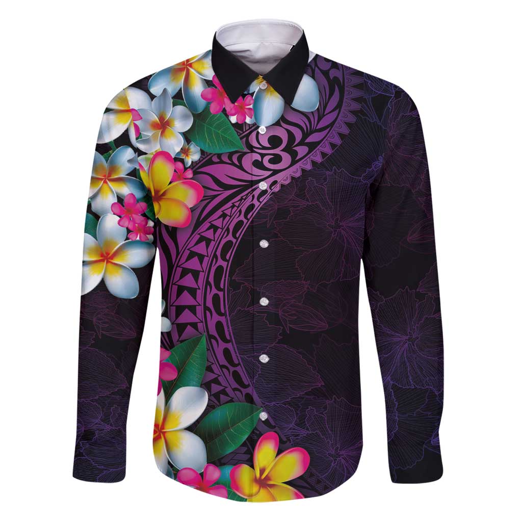 Hawaiian Plumeria-Polynesian Art Tattoo Mauve Color Family Matching Puletasi and Hawaiian Shirt LT03 Dad's Shirt - Long Sleeve Purple - Polynesian Pride