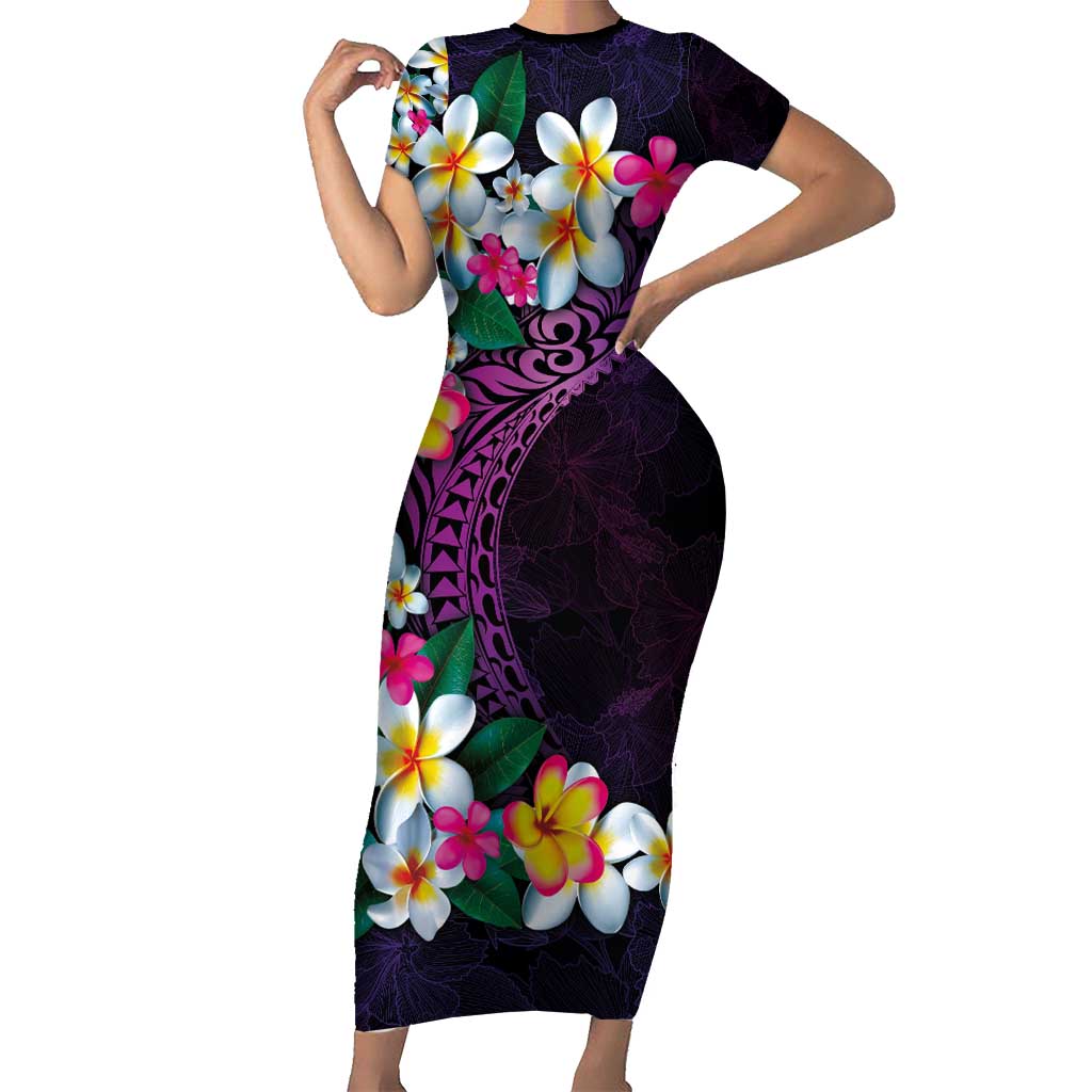 Hawaiian Plumeria-Polynesian Art Tattoo Mauve Color Family Matching Short Sleeve Bodycon Dress and Hawaiian Shirt