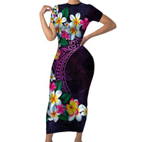 Hawaiian Plumeria-Polynesian Art Tattoo Mauve Color Family Matching Short Sleeve Bodycon Dress and Hawaiian Shirt