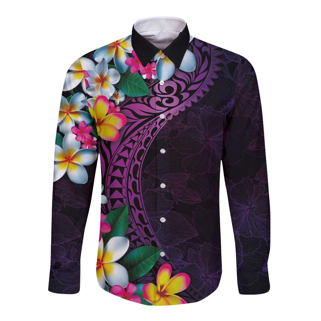 Hawaiian Plumeria-Polynesian Art Tattoo Mauve Color Long Sleeve Button Shirt LT03 Unisex Purple - Polynesian Pride