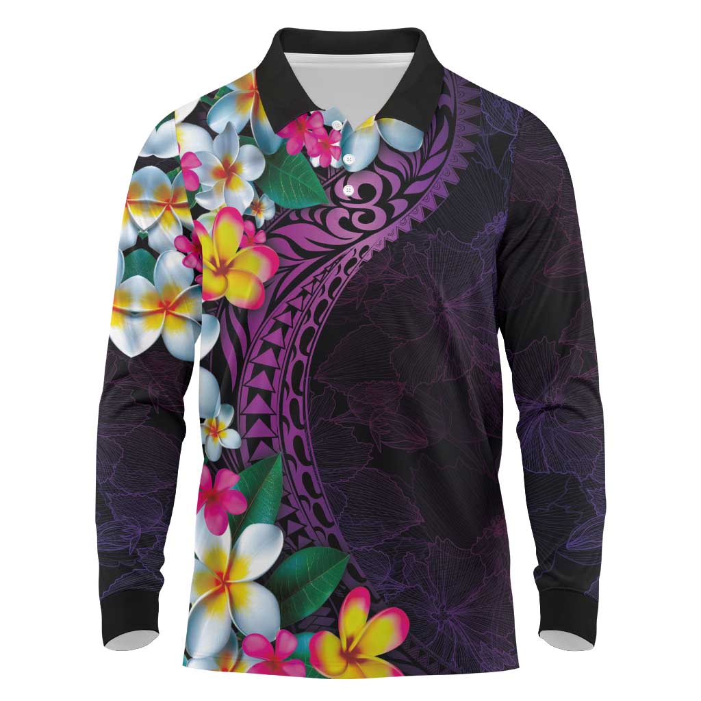 Hawaiian Plumeria-Polynesian Art Tattoo Mauve Color Long Sleeve Polo Shirt LT03 Purple - Polynesian Pride