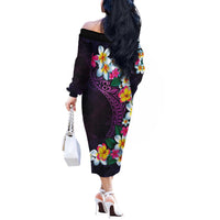 Hawaiian Plumeria-Polynesian Art Tattoo Mauve Color Off The Shoulder Long Sleeve Dress