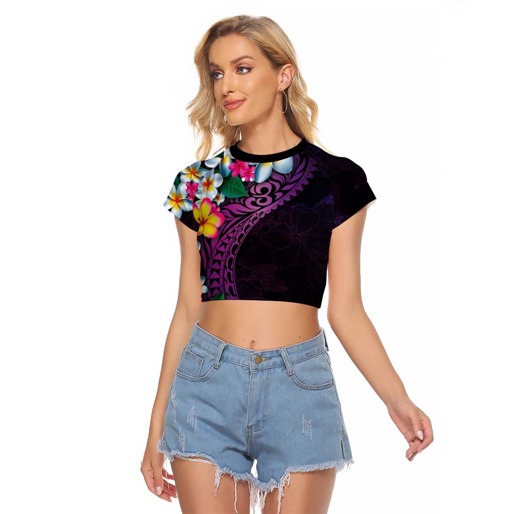 Hawaiian Plumeria-Polynesian Art Tattoo Mauve Color Raglan Cropped T Shirt LT03 Female Purple - Polynesian Pride