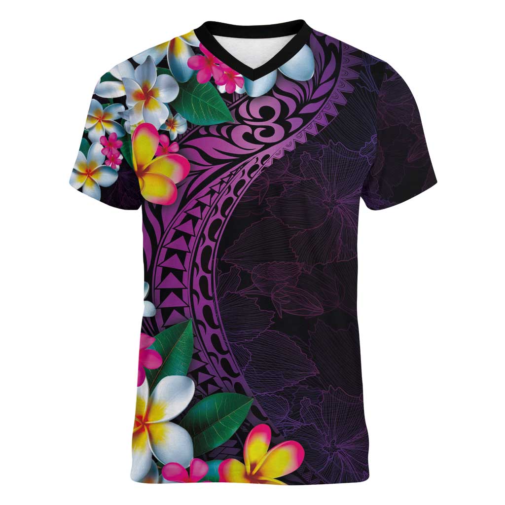 Hawaiian Plumeria-Polynesian Art Tattoo Mauve Color Women V-Neck T-Shirt LT03 Female Purple - Polynesian Pride