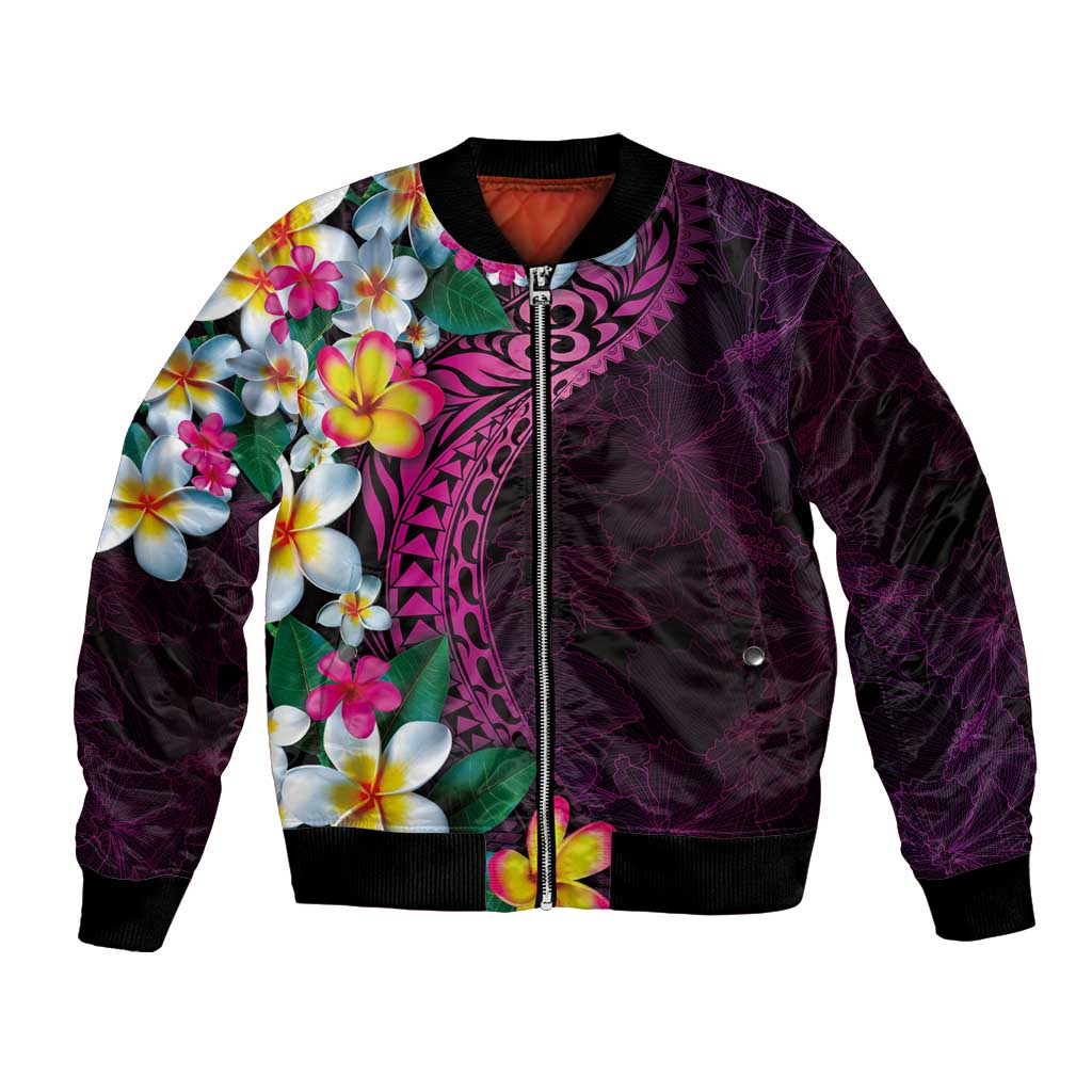 Hawaiian Plumeria-Polynesian Art Tattoo Plum Pink Color Bomber Jacket LT03 Unisex Pink - Polynesian Pride