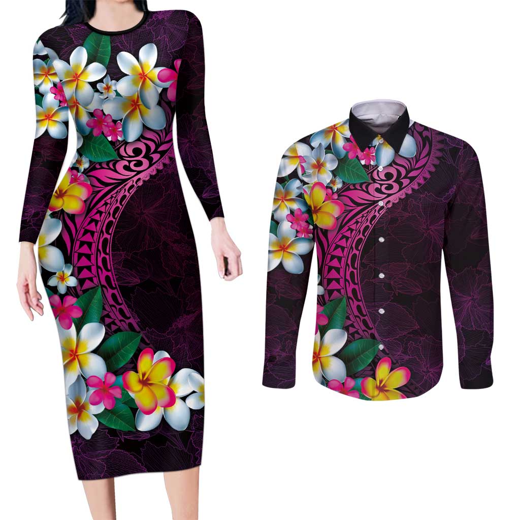 Hawaiian Plumeria-Polynesian Art Tattoo Plum Pink Color Couples Matching Long Sleeve Bodycon Dress and Long Sleeve Button Shirt