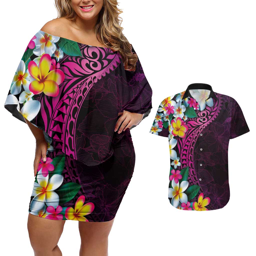 Hawaiian Plumeria-Polynesian Art Tattoo Plum Pink Color Couples Matching Off Shoulder Short Dress and Hawaiian Shirt