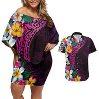 Hawaiian Plumeria-Polynesian Art Tattoo Plum Pink Color Couples Matching Off Shoulder Short Dress and Hawaiian Shirt