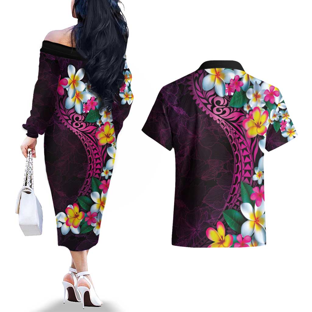 Hawaiian Plumeria-Polynesian Art Tattoo Plum Pink Color Couples Matching Off The Shoulder Long Sleeve Dress and Hawaiian Shirt