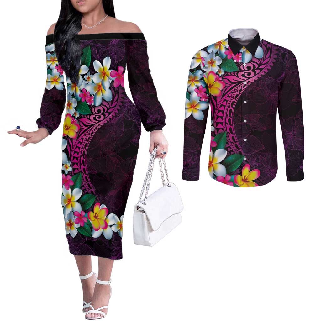 Hawaiian Plumeria-Polynesian Art Tattoo Plum Pink Color Couples Matching Off The Shoulder Long Sleeve Dress and Long Sleeve Button Shirt