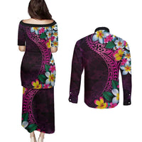Hawaiian Plumeria-Polynesian Art Tattoo Plum Pink Color Couples Matching Puletasi and Long Sleeve Button Shirt LT03 - Polynesian Pride