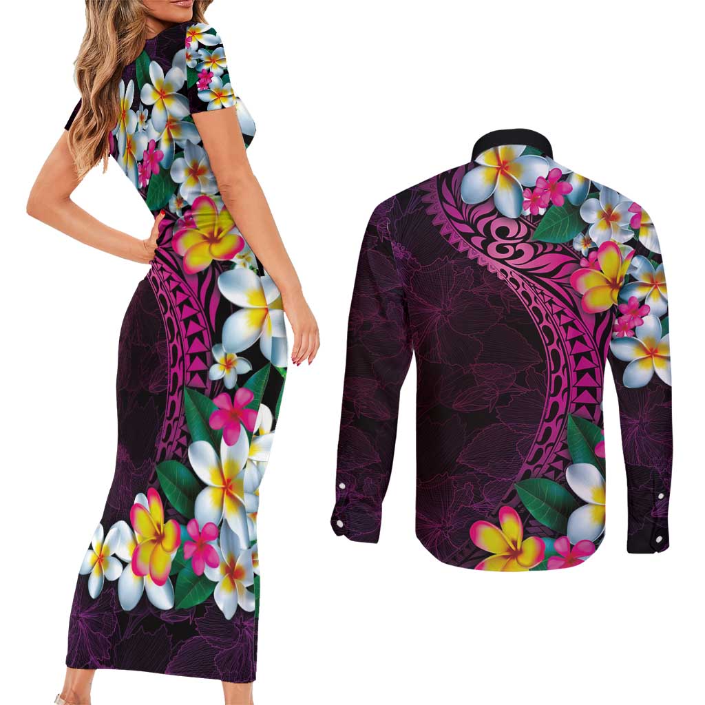 Hawaiian Plumeria-Polynesian Art Tattoo Plum Pink Color Couples Matching Short Sleeve Bodycon Dress and Long Sleeve Button Shirt