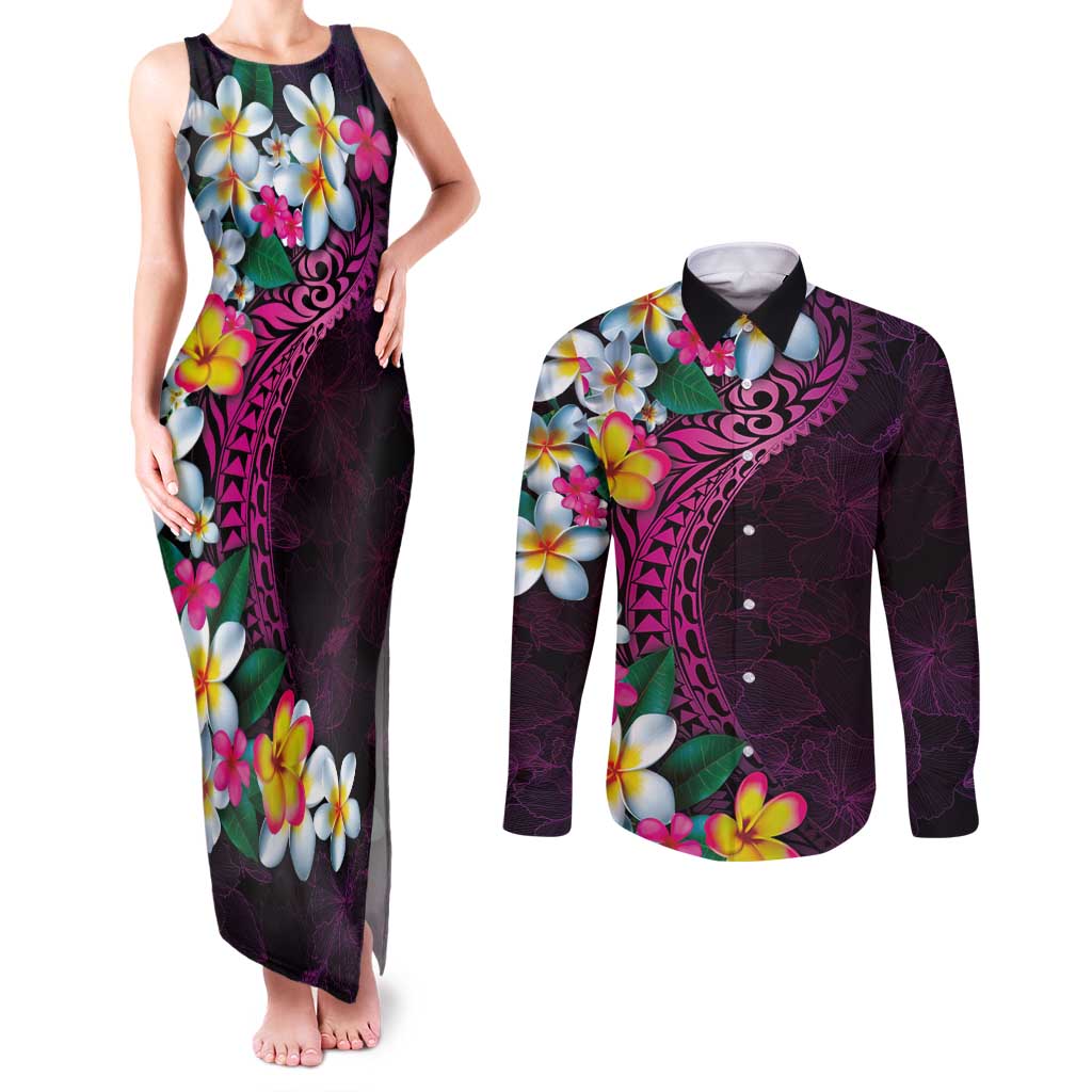 Hawaiian Plumeria-Polynesian Art Tattoo Plum Pink Color Couples Matching Tank Maxi Dress and Long Sleeve Button Shirt