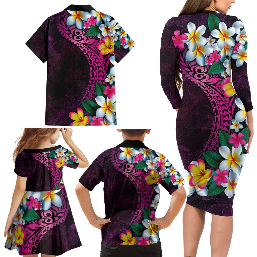 Hawaiian Plumeria-Polynesian Art Tattoo Plum Pink Color Family Matching Long Sleeve Bodycon Dress and Hawaiian Shirt