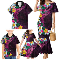 Hawaiian Plumeria-Polynesian Art Tattoo Plum Pink Color Family Matching Mermaid Dress and Hawaiian Shirt