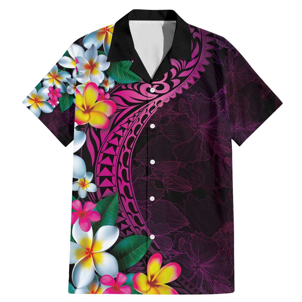 Hawaiian Plumeria-Polynesian Art Tattoo Plum Pink Color Family Matching Mermaid Dress and Hawaiian Shirt