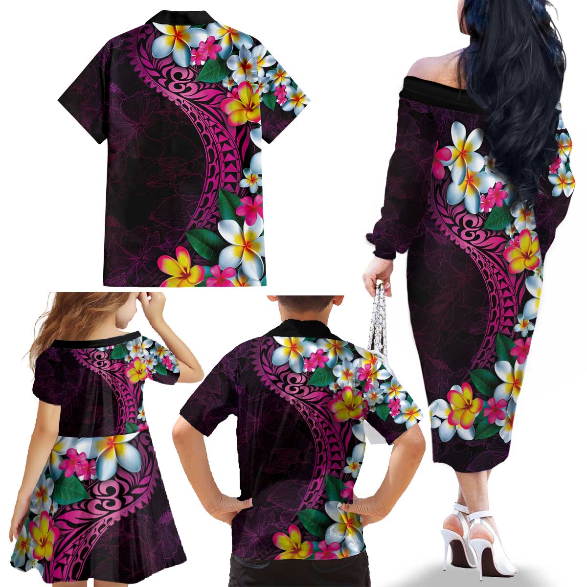 Hawaiian Plumeria-Polynesian Art Tattoo Plum Pink Color Family Matching Off The Shoulder Long Sleeve Dress and Hawaiian Shirt