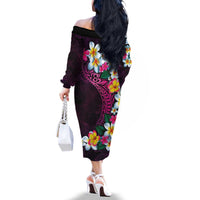 Hawaiian Plumeria-Polynesian Art Tattoo Plum Pink Color Family Matching Off The Shoulder Long Sleeve Dress and Hawaiian Shirt