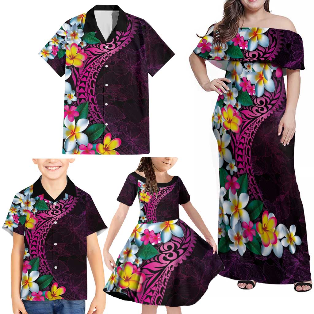 Hawaiian Plumeria-Polynesian Art Tattoo Plum Pink Color Family Matching Off Shoulder Maxi Dress and Hawaiian Shirt