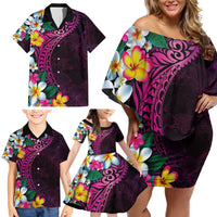 Hawaiian Plumeria-Polynesian Art Tattoo Plum Pink Color Family Matching Off Shoulder Short Dress and Hawaiian Shirt