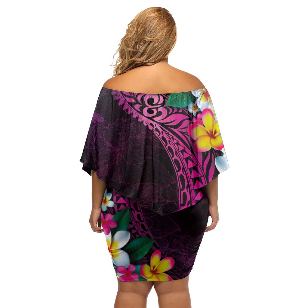 Hawaiian Plumeria-Polynesian Art Tattoo Plum Pink Color Family Matching Off Shoulder Short Dress and Hawaiian Shirt