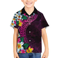 Hawaiian Plumeria-Polynesian Art Tattoo Plum Pink Color Family Matching Off Shoulder Short Dress and Hawaiian Shirt
