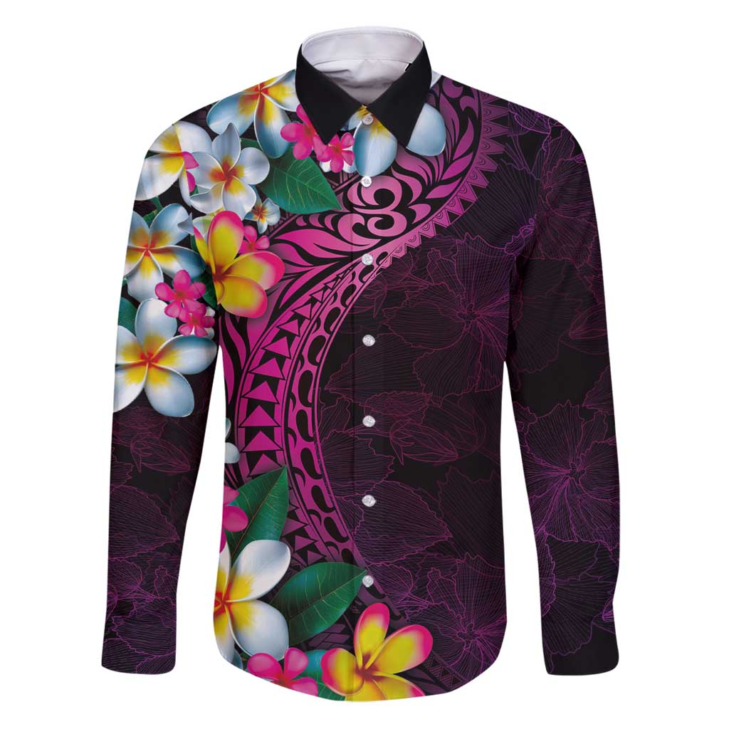 Hawaiian Plumeria-Polynesian Art Tattoo Plum Pink Color Family Matching Puletasi and Hawaiian Shirt LT03 Dad's Shirt - Long Sleeve Pink - Polynesian Pride