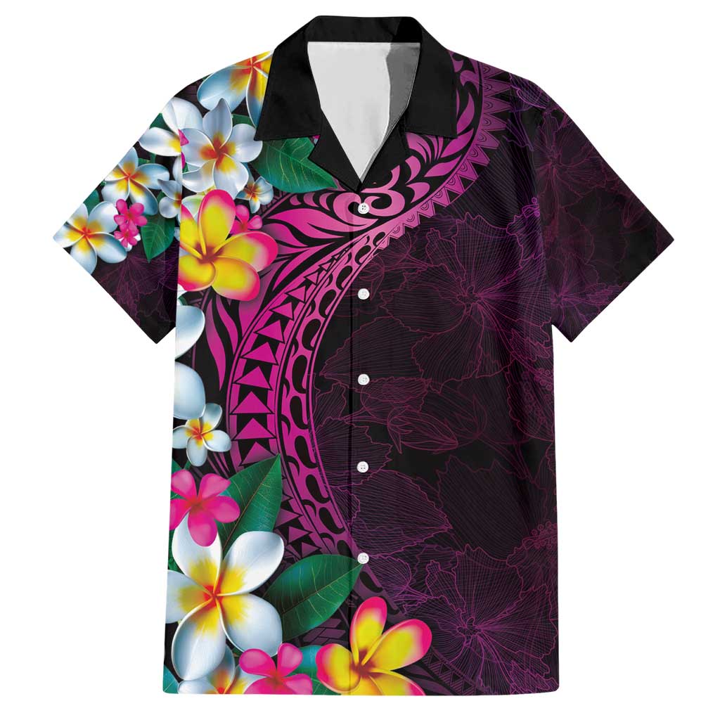 Hawaiian Plumeria-Polynesian Art Tattoo Plum Pink Color Family Matching Short Sleeve Bodycon Dress and Hawaiian Shirt