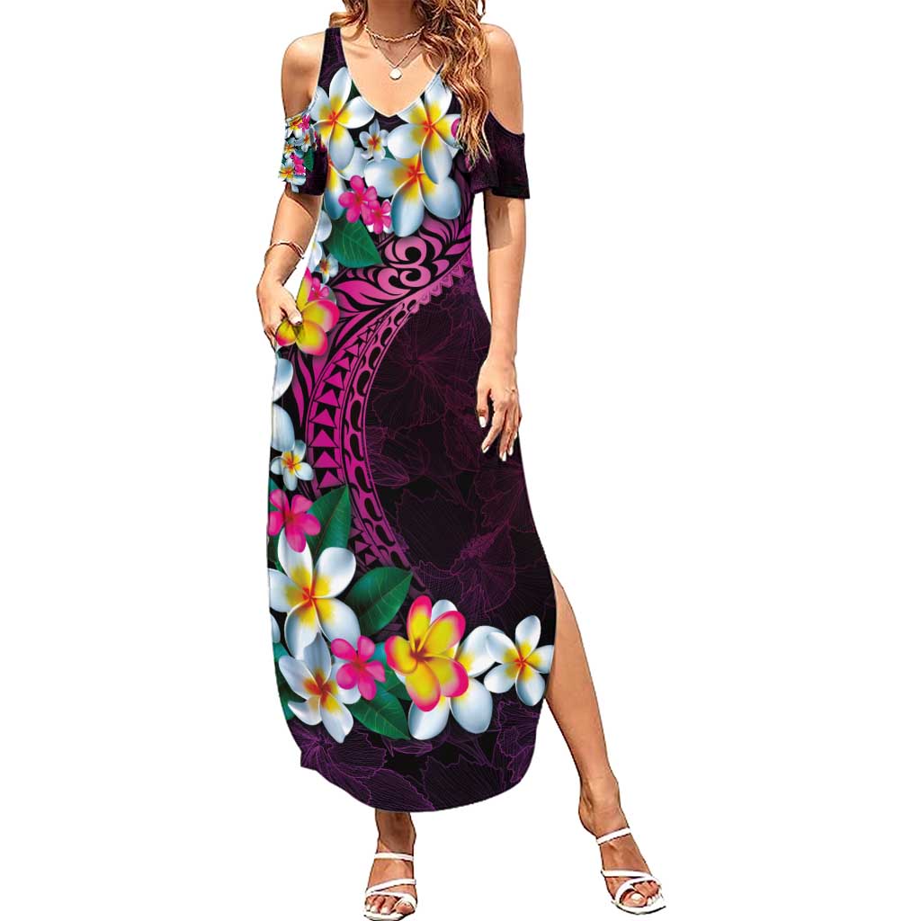 Hawaiian Plumeria-Polynesian Art Tattoo Plum Pink Color Family Matching Summer Maxi Dress and Hawaiian Shirt