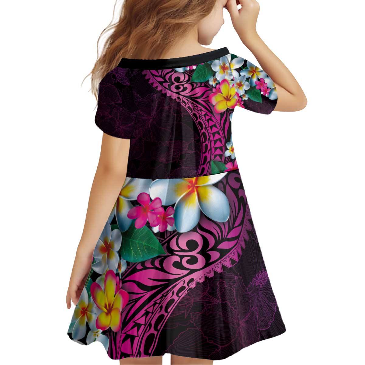 Hawaiian Plumeria-Polynesian Art Tattoo Plum Pink Color Kid Short Sleeve Dress