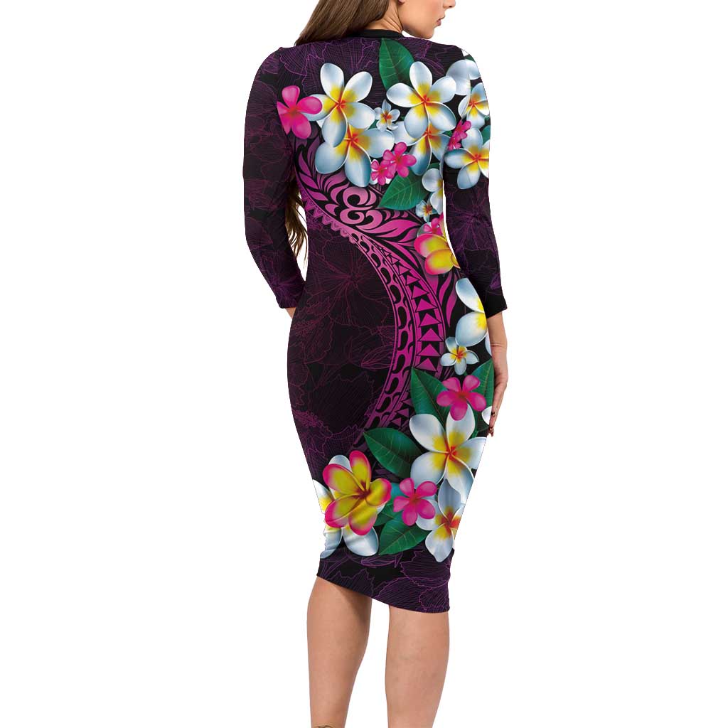 Hawaiian Plumeria-Polynesian Art Tattoo Plum Pink Color Long Sleeve Bodycon Dress