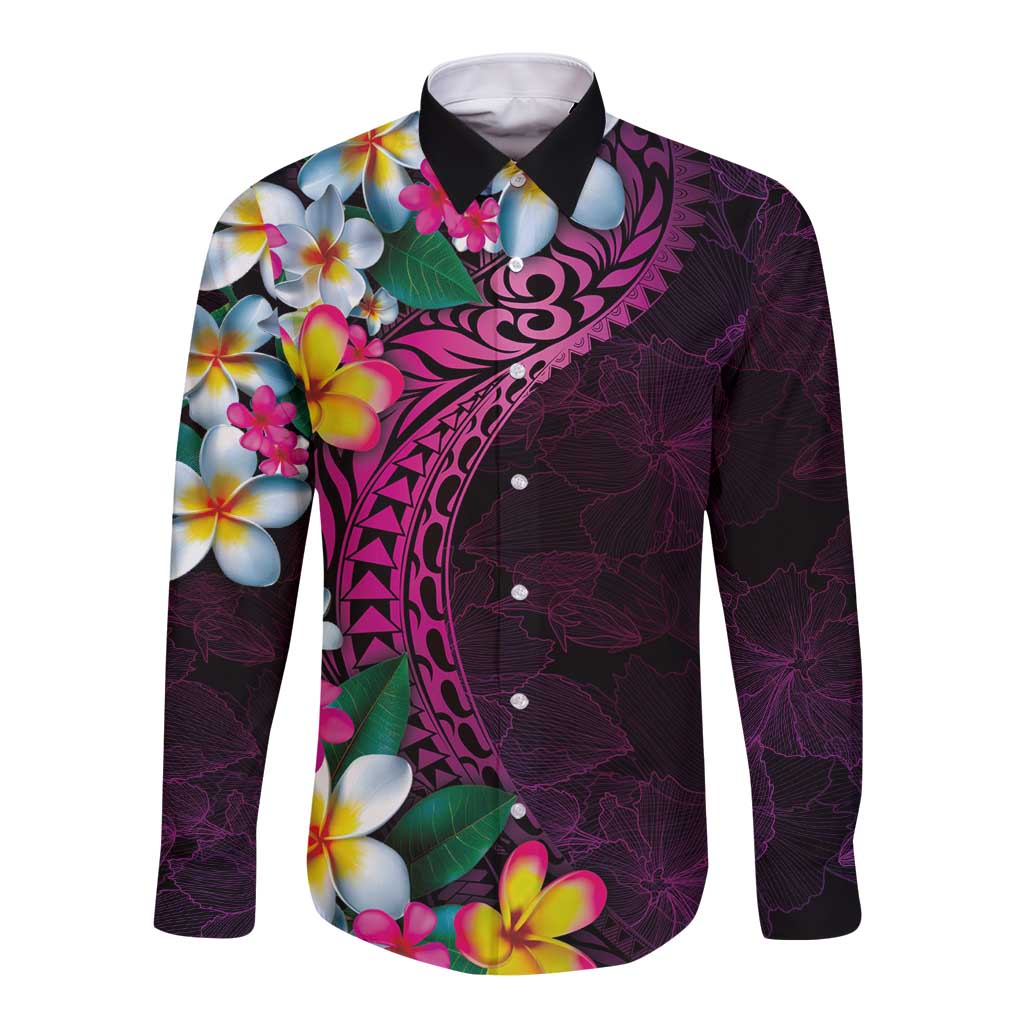 Hawaiian Plumeria-Polynesian Art Tattoo Plum Pink Color Long Sleeve Button Shirt LT03 Unisex Pink - Polynesian Pride