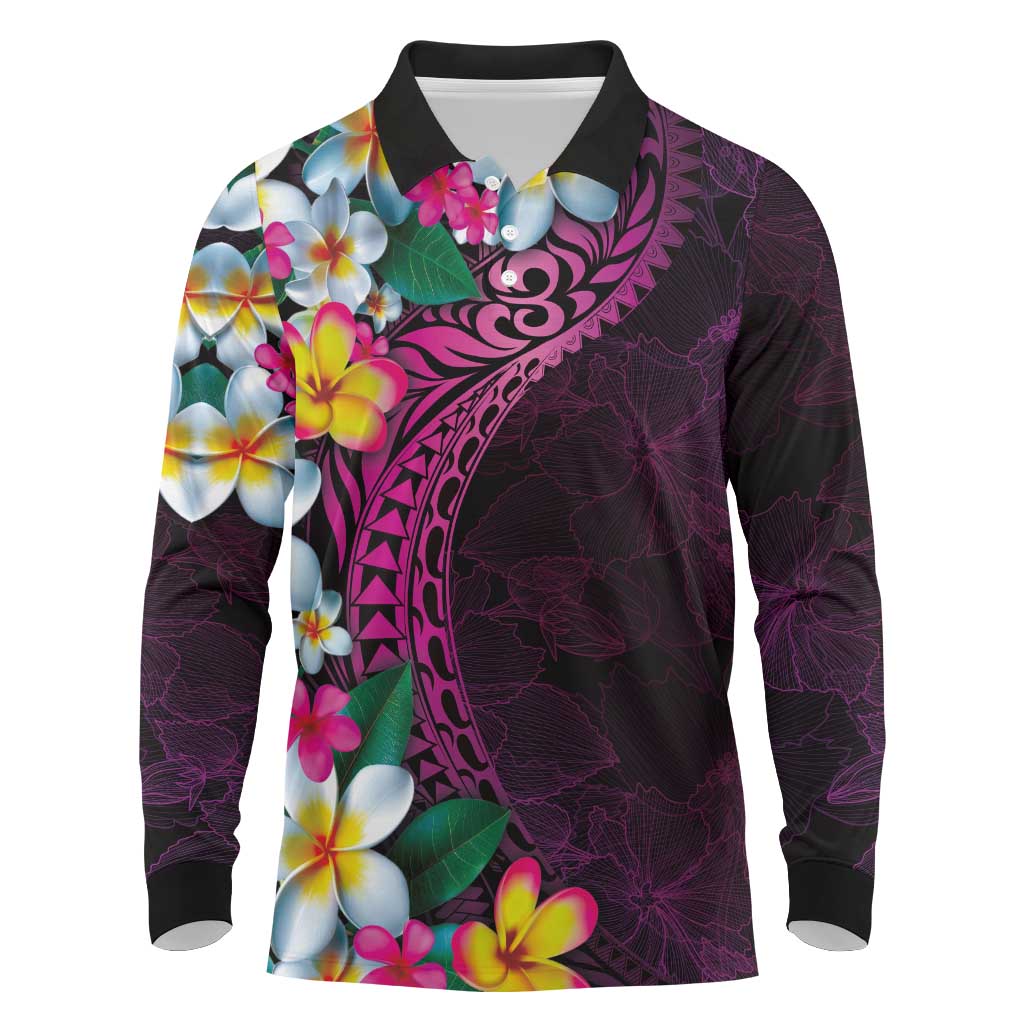 Hawaiian Plumeria-Polynesian Art Tattoo Plum Pink Color Long Sleeve Polo Shirt LT03 Pink - Polynesian Pride