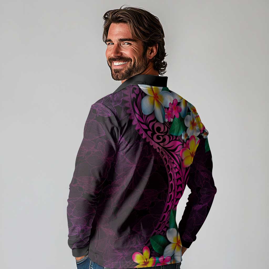 Hawaiian Plumeria-Polynesian Art Tattoo Plum Pink Color Long Sleeve Polo Shirt LT03 - Polynesian Pride