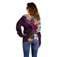 Hawaiian Plumeria-Polynesian Art Tattoo Plum Pink Color Off Shoulder Sweater