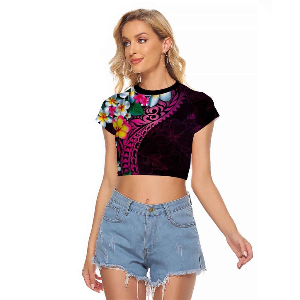 Hawaiian Plumeria-Polynesian Art Tattoo Plum Pink Color Raglan Cropped T Shirt LT03 Female Pink - Polynesian Pride