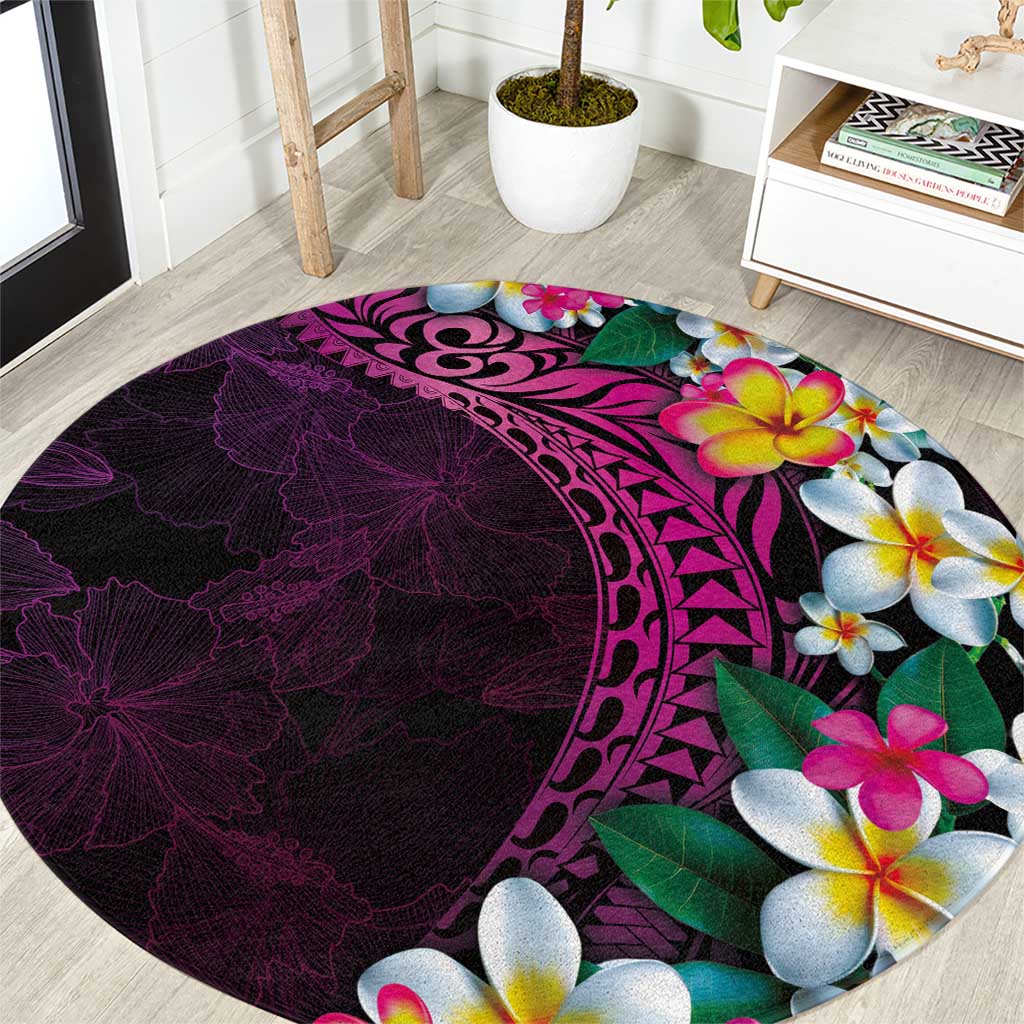 Hawaiian Plumeria-Polynesian Art Tattoo Plum Pink Color Round Carpet