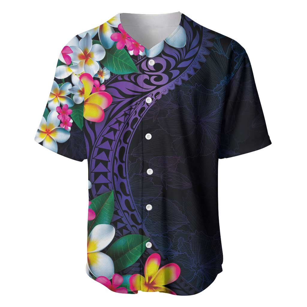 Hawaiian Plumeria-Polynesian Art Tattoo Frosted Blue Violet Color Baseball Jersey LT03 Blue - Polynesian Pride