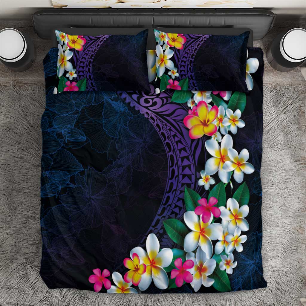 Hawaiian Plumeria-Polynesian Art Tattoo Frosted Blue Violet Color Bedding Set